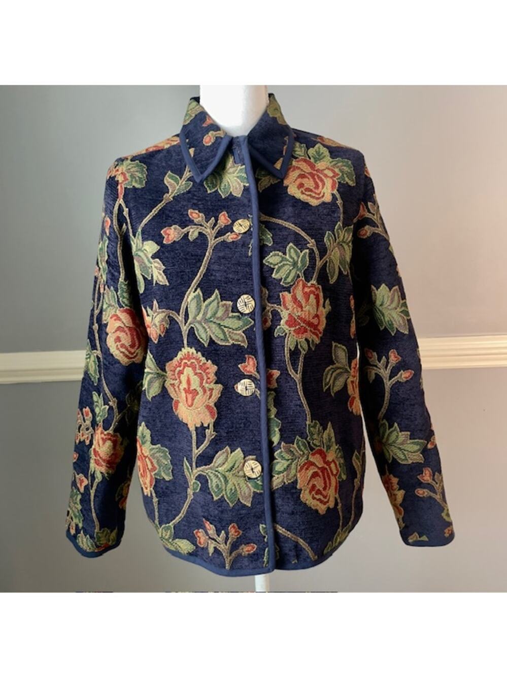 Vintage Floral Tapestry Jacket Navy Rose Cottagecore Button Front